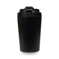 A reusable coffee cup in matte black with a secure lid and a single logo. Ideal for hot beverages.