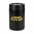 A drink bottle cooler in black with a logo displayed on the surface. It features a cylindrical design.