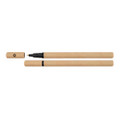 A cardboard pen with a black tip and cap, featuring a recycling symbol on it.