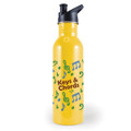 A drink bottle in bright yellow featuring musical notes and a branding logo.