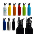 A collection of drink bottles in various colours including white, yellow, orange, red, green, and black, featuring different caps and a logo.