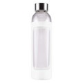 A drink bottle with a clear glass body and a white silicone sleeve, featuring a silver metal cap.