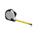 A retractable tape measure featuring a black and white casing and a yellow measuring tape extended to about 3 metres.