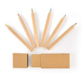A set of six wooden coloured pencils in red, green, blue, yellow, and brown, alongside two rectangular boxes.