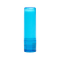 A lip balm stick in a translucent blue container.
