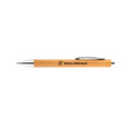 A bamboo pen with a silver clip and tip, featuring a logo or branding on the barrel.