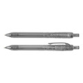 A set of gray plastic pens with a transparent body, featuring a branding logo.