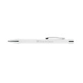A white aluminium pen with a silver clip and a logo engraved on the barrel.