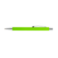 A green aluminium pen with a shiny silver clip and tip, featuring a logo on its barrel.