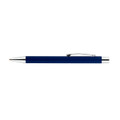 A navy blue aluminium pen with a silver clip and accents, featuring a logo on the barrel.