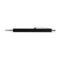A sleek black aluminium pen with a silver clip and tip, featuring a simple design and a branding logo.