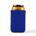 A drink can is wrapped in a blue stubby cooler, designed to keep beverages cold.