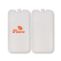A white cooler brick with a logo design, featuring an orange floral motif on one side.
