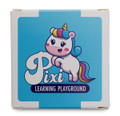 A box featuring a cartoon unicorn with a colourful mane, labelled "Pixi Learning Playground." 