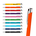 A set of ten metal pens in various bright colours, featuring a pen with an orange grip and a logo.
