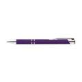 A purple metal pen with silver accents and a clip, featuring decorative stripes on the barrel.