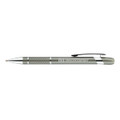 A metal pen in silver and grey, featuring a textured grip and a clip. The pen has a logo on its side.