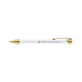 A gold and white pen with a clip, featuring a branding logo on the barrel.