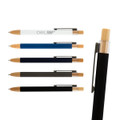 A collection of Serenity Aluminium Pens in white, blue, navy, grey, and black, featuring wooden accents and a metal clip.
