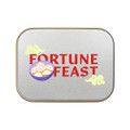 A silver rectangular tin labeled "FORTUNE FEAST," featuring a bowl of dumplings and decorative elements.