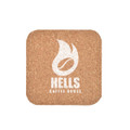 A cork square coaster in a natural brown hue, featuring a logo and branding.