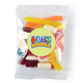 A clear cello bag filled with assorted jelly lollies, featuring various bright colours and shapes.
