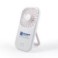 A portable white fan stands upright, featuring a small logo on the front. Ideal for outdoor leisure use.