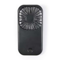 A portable black fan with a circular grill and a sleek rectangular body, featuring a logo.