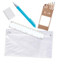 A pencil case containing colored pencils, a blue pen, a ruler, and a white eraser.