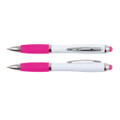 A stylus pen featuring a white body with pink accents and a shiny chrome clip and details.