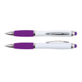 A stylus pen featuring a white body with purple grips and accents, designed for smooth writing and touchscreen use.