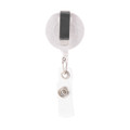 A retractable badge holder made from wheat straw, featuring a clip for attachment and a clear strap for securing badges.