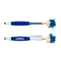 A blue and white Mop Top pen with a stylus tip and a character head featuring blue yarn hair and a smiling face.