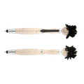 A stylus pen with a beige body and black mop-top design, featuring a silver accent and a branding logo.