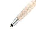 A stylus pen with a speckled cream and beige body, featuring a silver tip and a soft-touch black end.