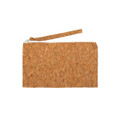 A cork pencil case with a zip closure and a wrist strap, featuring a natural cork texture.