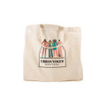 A short handle calico bag in cream featuring a logo and a colorful illustration of fashionable figures.