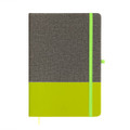 A grey and neon green A5 notebook with a textured cover, featuring an elastic band and a bookmark ribbon.