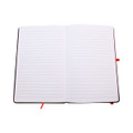 An A5 notebook with lined pages, featuring a black cover and red accents. It includes two ribbon bookmarks.