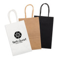 A set of three small paper bags in white, brown, and black, each featuring a handle and a logo.