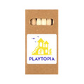 A brown box containing wooden sticks, featuring a logo in yellow and blue.