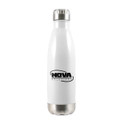 A drink bottle featuring a sleek white design with a stainless steel base and a branded logo.