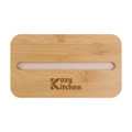 A bamboo lunch box lid featuring a phone holder slot, with a logo present.