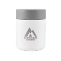 A white food container with a grey lid, featuring a logo with mountain graphics.