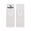 A translucent white bookmark magnifier ruler with a logo, featuring measurement markings on one side.