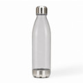 A drink bottle featuring a clear body and stainless steel cap and base, suitable for various beverages.
