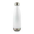 A drink bottle in white stainless steel with a silver base and a metallic cap, featuring a logo.