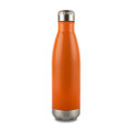 A drink bottle in bright orange with a stainless steel bottom and cap, featuring a sleek design and a logo.