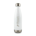 A drink bottle with a white body and silver lid, featuring a logo on the side.