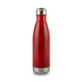 A drink bottle in a vibrant red colour with a stainless steel base and a silver cap, featuring a logo.